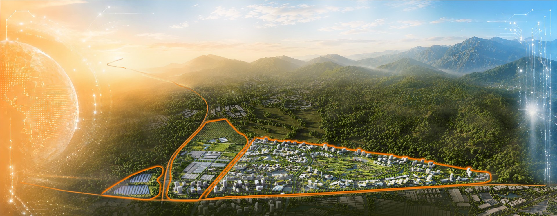 Aerial view of Tech Smart City at golden hour