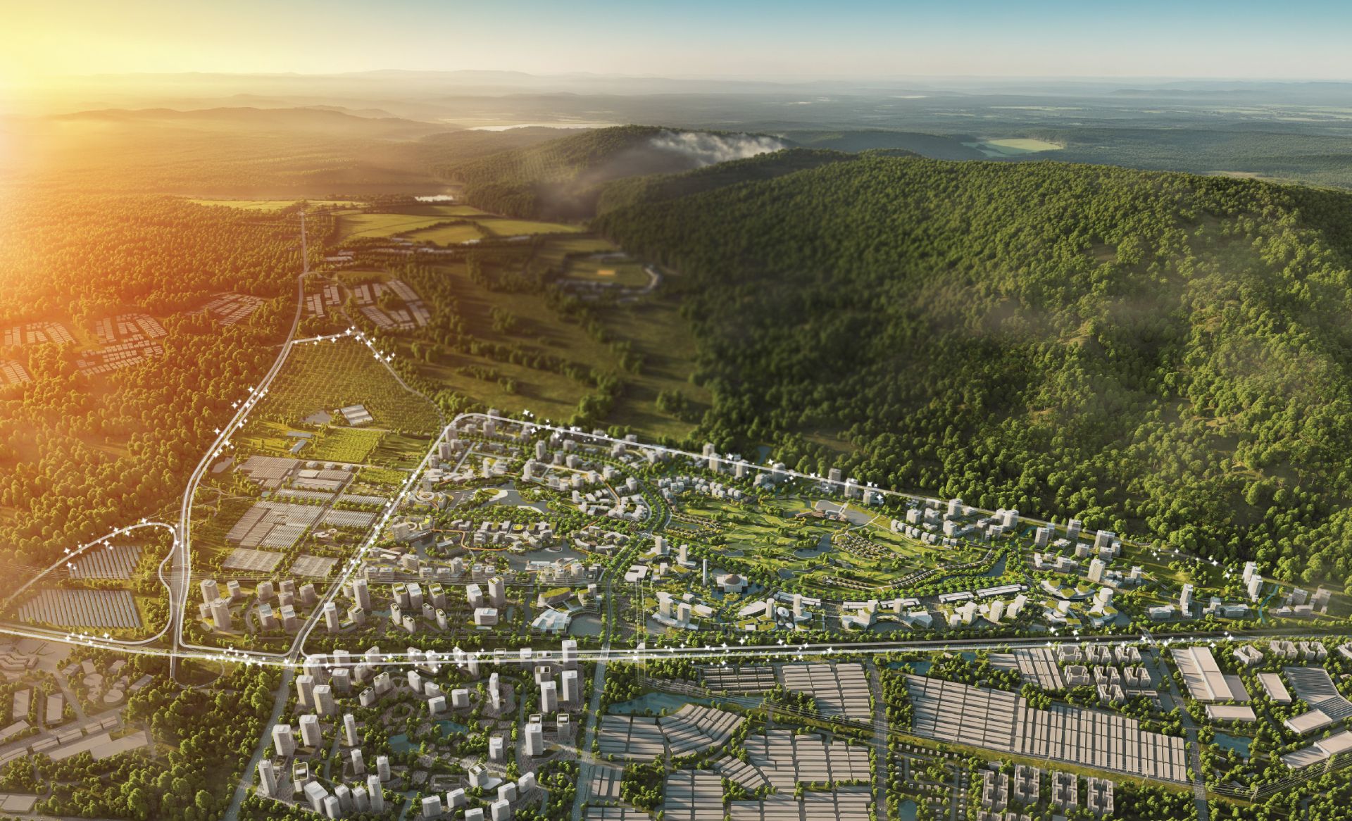 Aerial view of Tech Smart City at golden hour